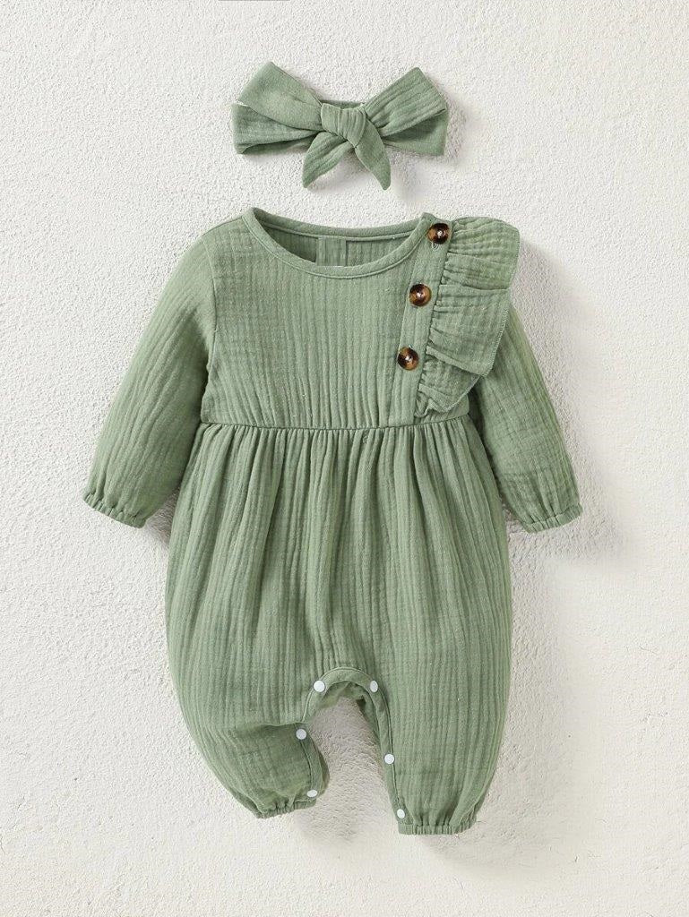 Baby Button Ruffle Trim Romper Green