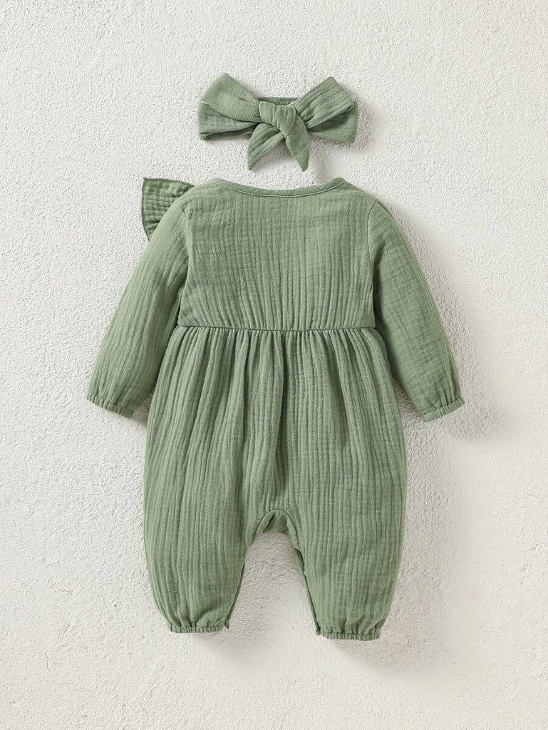 Baby Button Ruffle Trim Romper Green
