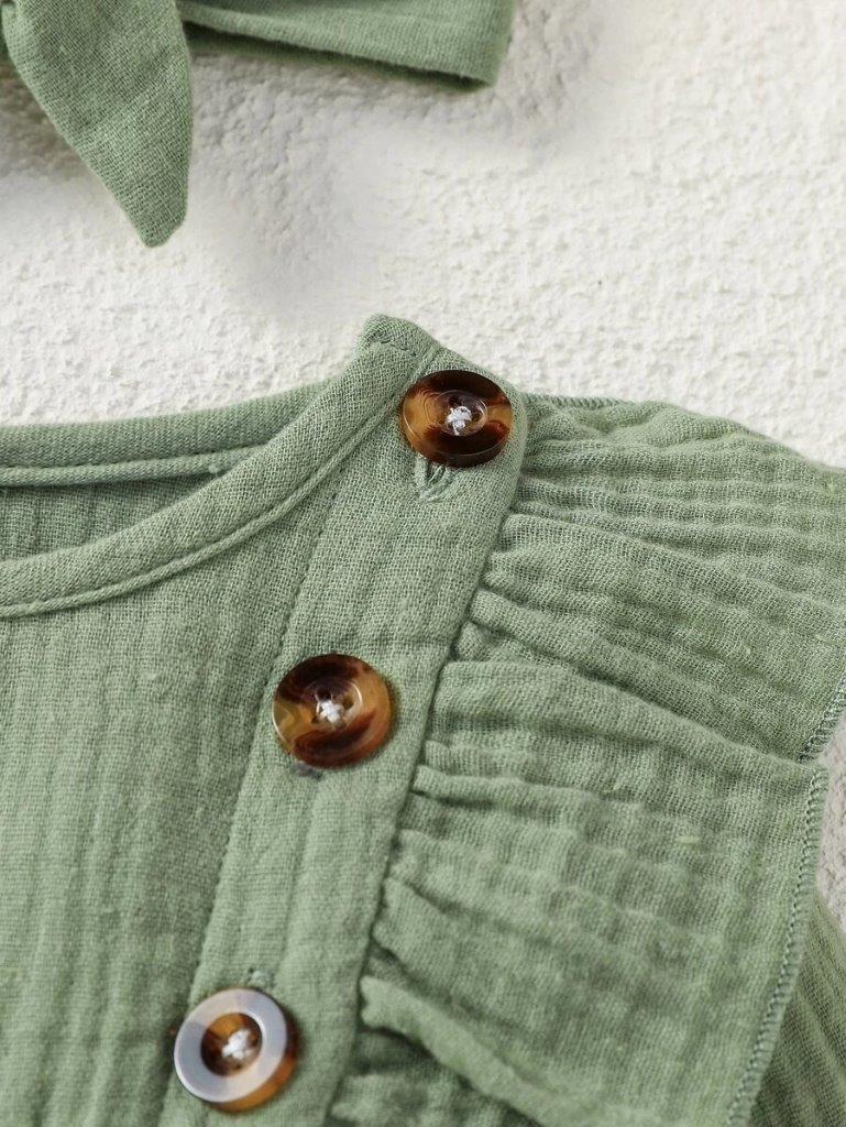 Baby Button Ruffle Trim Romper Green