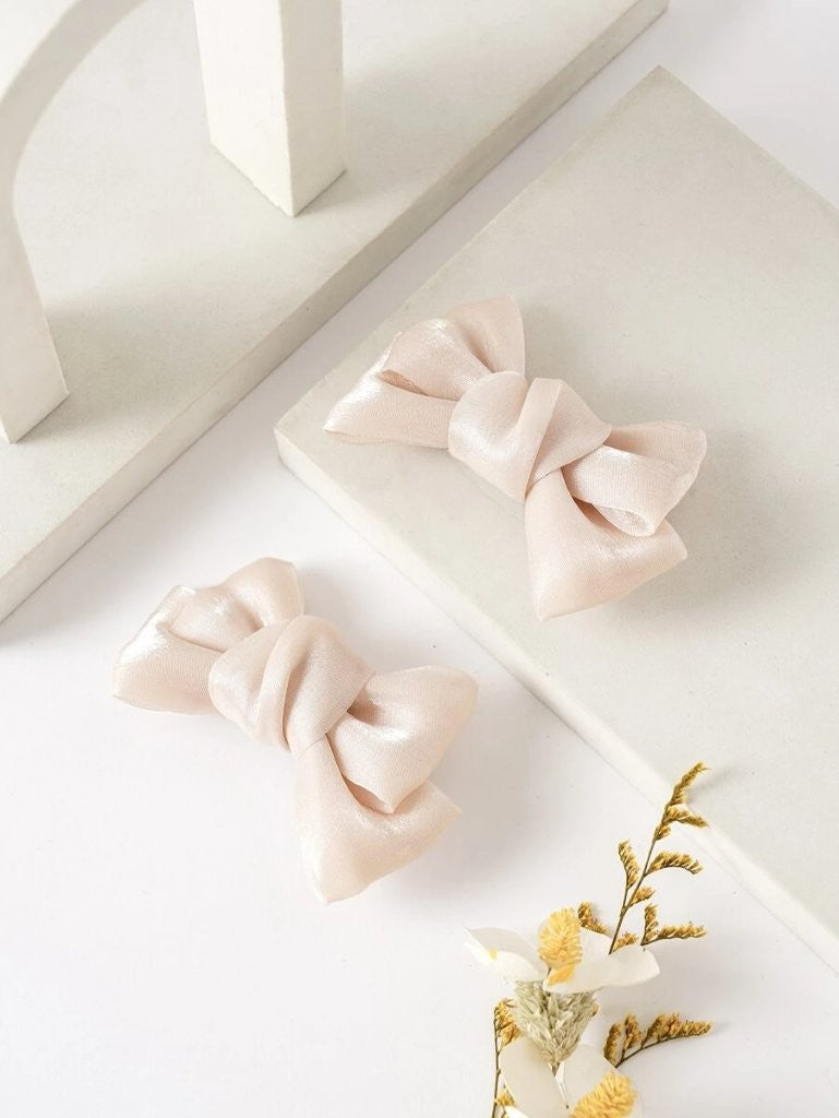 2 Piece Bowknot Silk Hair Clips Apricot