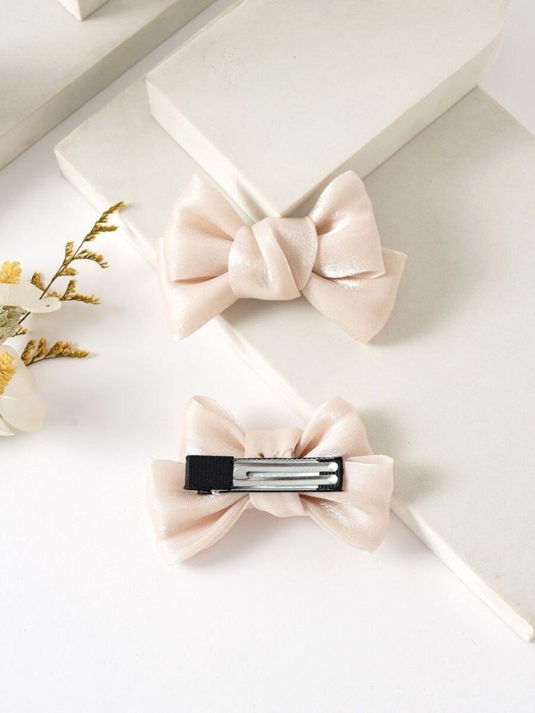 2 Piece Bowknot Silk Hair Clips Apricot