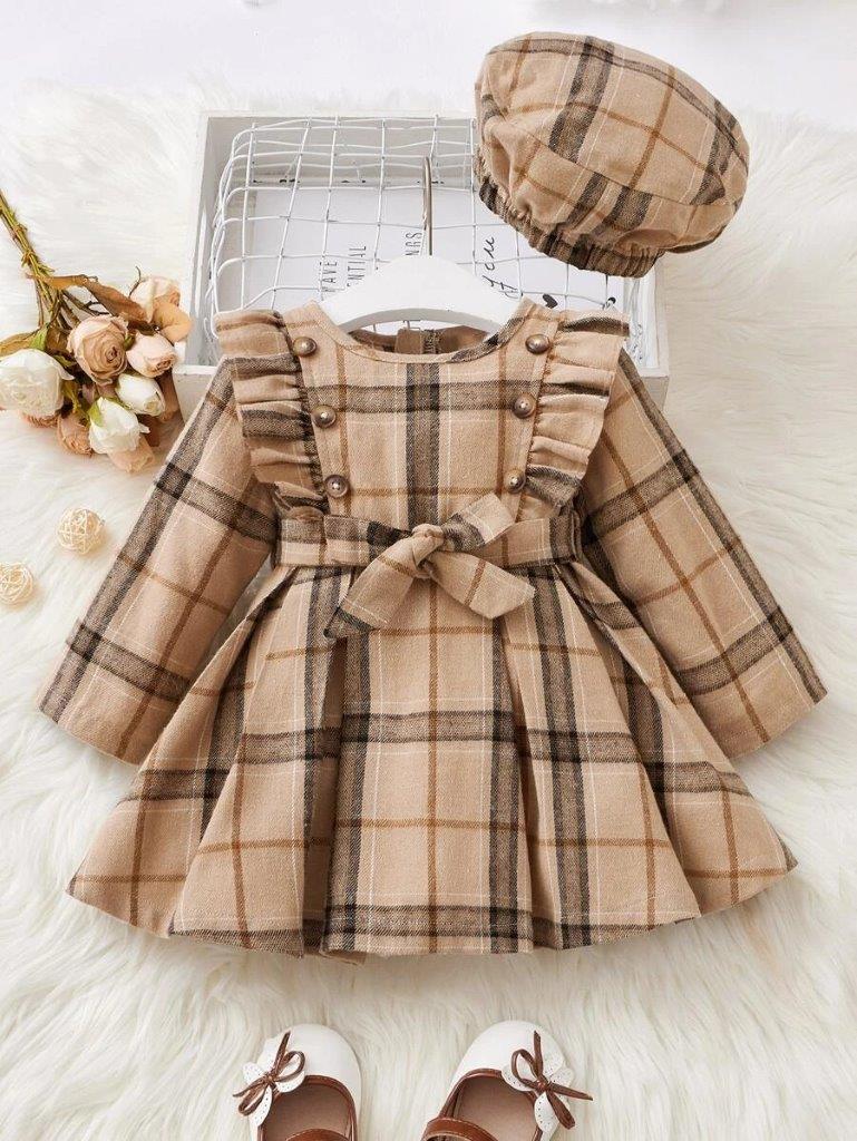 Baby Ruffle Trim Plaid Dress With Hat