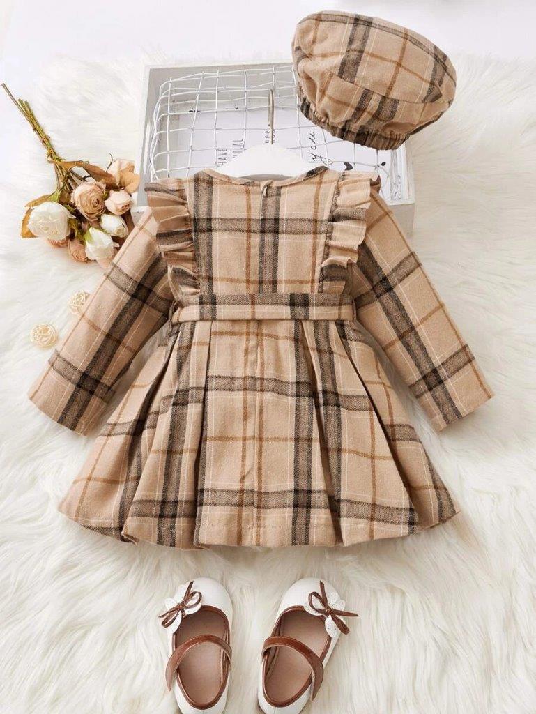 Baby Ruffle Trim Plaid Dress With Hat