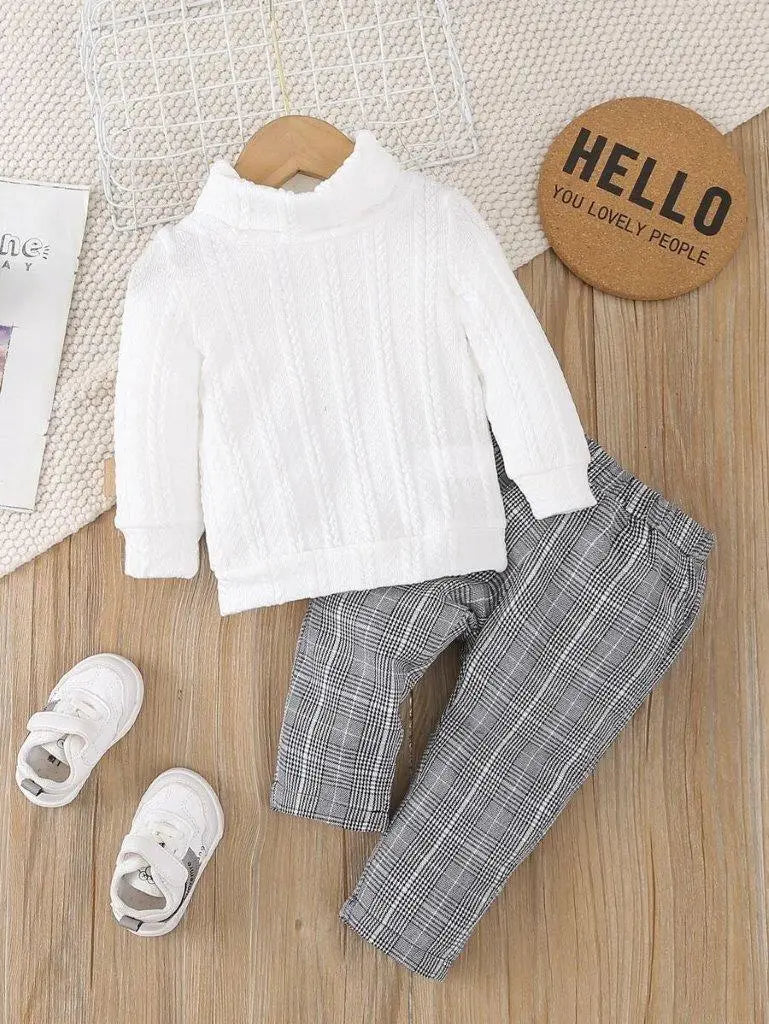 Baby Textured Turtleneck And Plaid Pants Set B/W