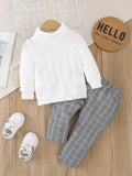Baby Textured Turtleneck And Plaid Pants Set B/W