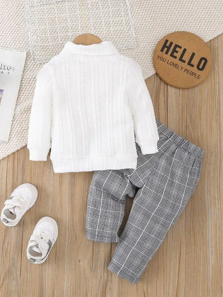 Baby Textured Turtleneck And Plaid Pants Set B/W