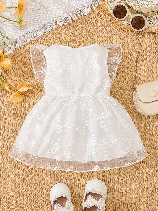 Baby Short Sleeve Button Embroidery Ruffle Mesh Dress