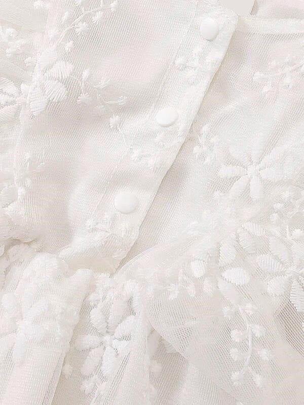 Baby Short Sleeve Button Embroidery Ruffle Mesh Dress