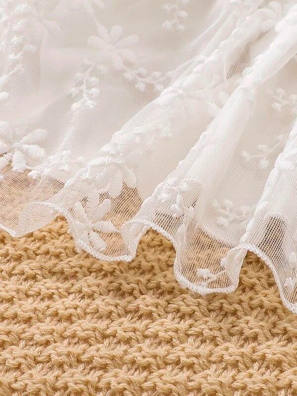 Baby Short Sleeve Button Embroidery Ruffle Mesh Dress