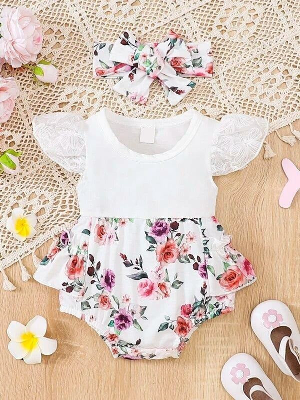 Baby Floral Ruffle Sleeve Bodysuit Set