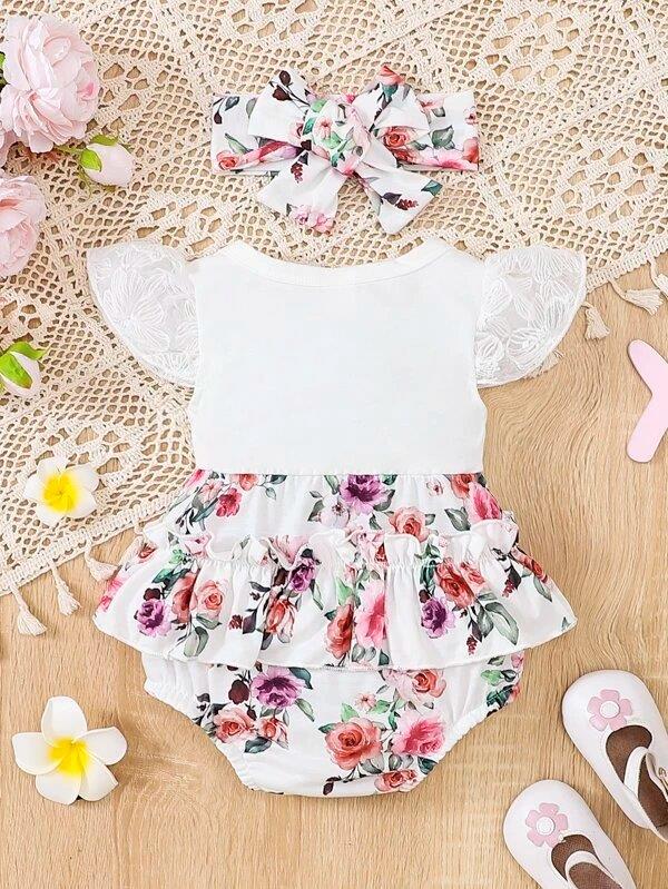 Baby Floral Ruffle Sleeve Bodysuit Set