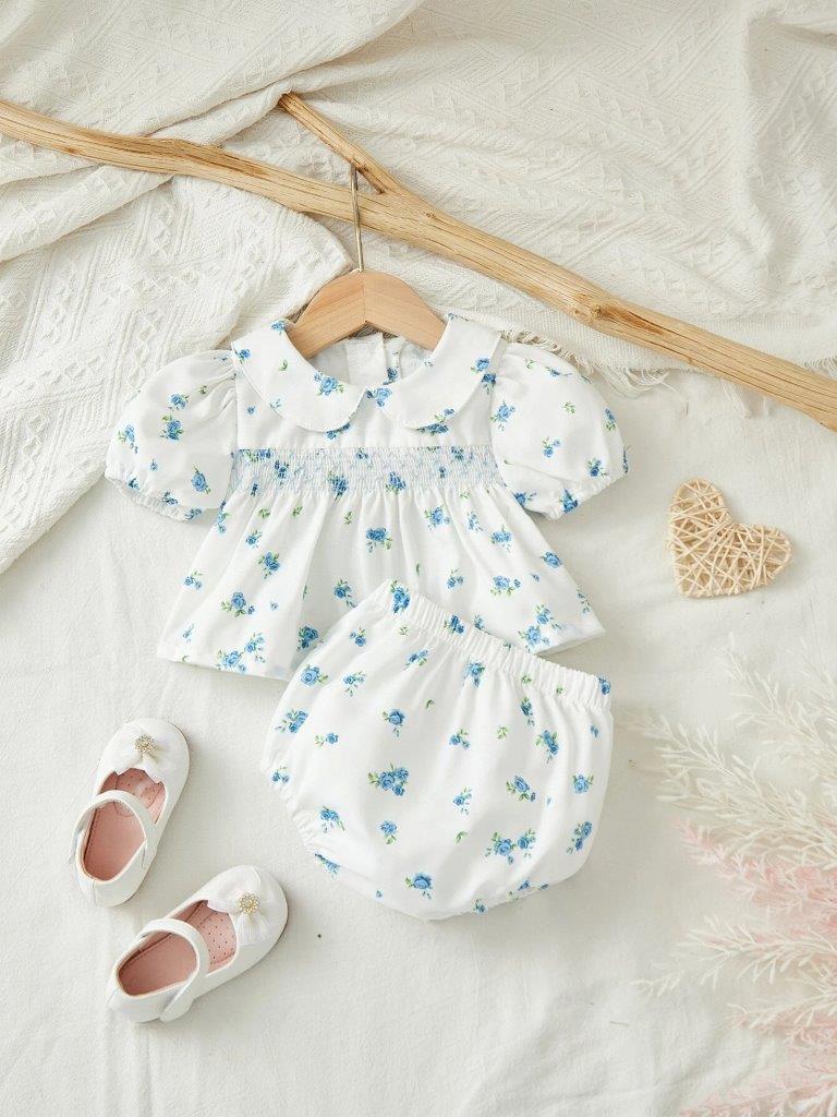 Baby Flower Puff Sleeve Blouse And Shorts Set