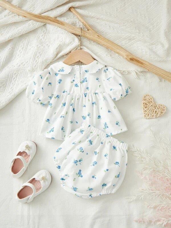 Baby Flower Puff Sleeve Blouse And Shorts Set