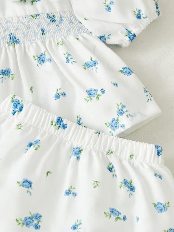 Baby Flower Puff Sleeve Blouse And Shorts Set