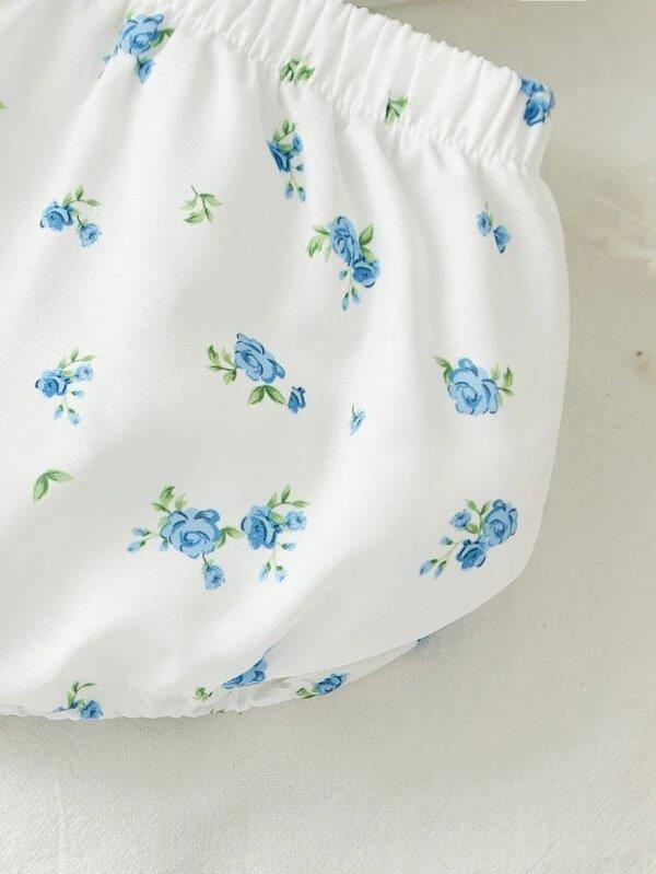 Baby Flower Puff Sleeve Blouse And Shorts Set