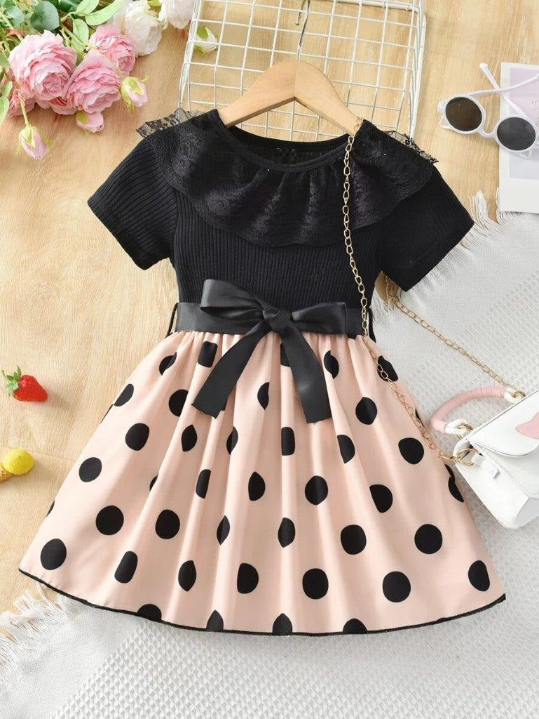 Toddler Girls Lace Trim Neck Polka Dot Dress