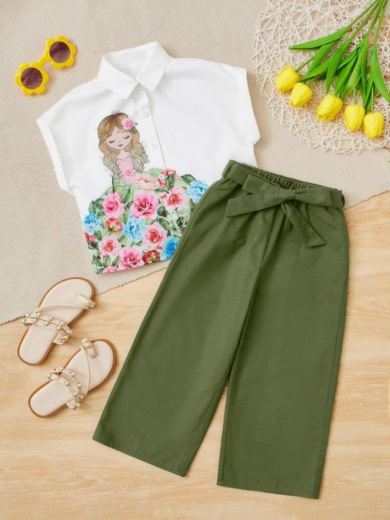 Toddler Girls Floral Shirt And Belted Pants Set