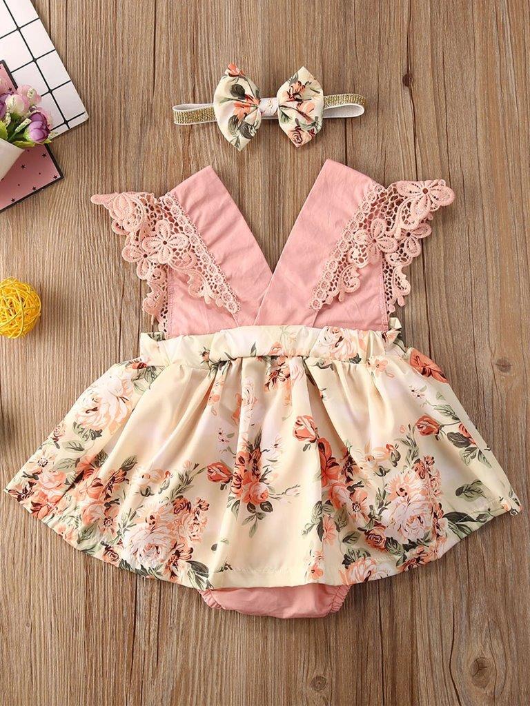 Baby Lace Trim Flower Bodysuit Dress
