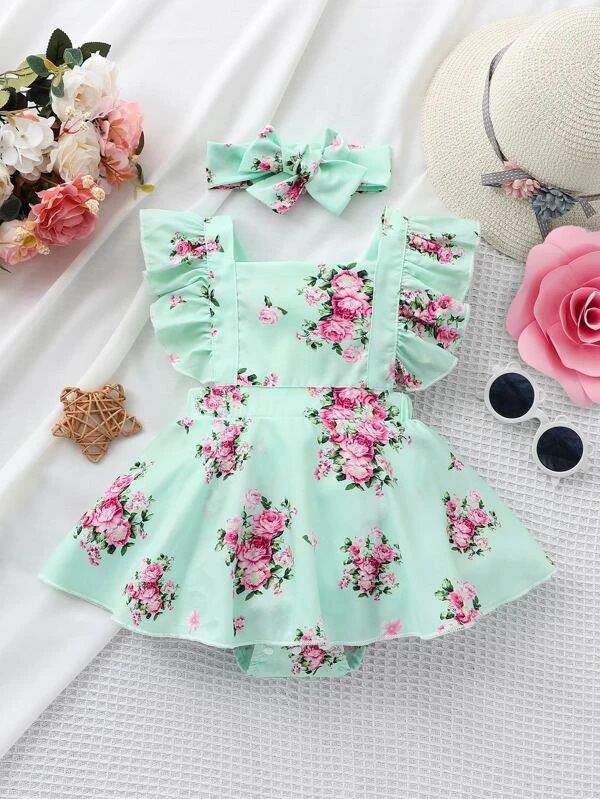 Baby Floral Print Bodysuit Dress With Headband