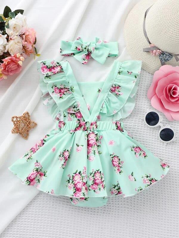 Baby Floral Print Bodysuit Dress With Headband