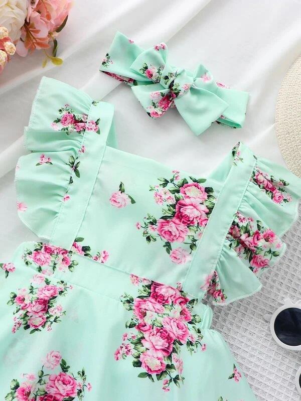 Baby Floral Print Bodysuit Dress With Headband