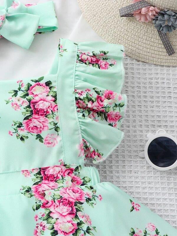 Baby Floral Print Bodysuit Dress With Headband