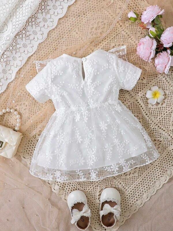 Baby Short Sleeve Embroidery Ruffle Mesh Dress