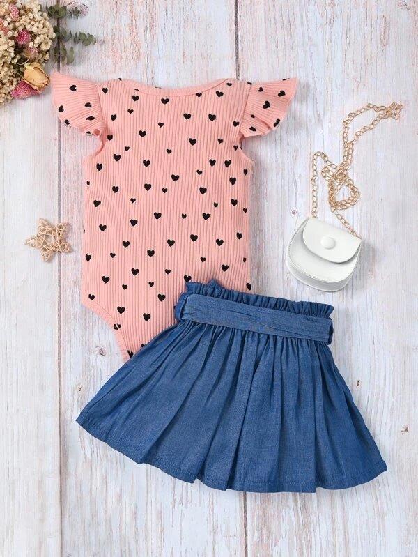 Baby Heart Ruffle Bodysuit And Skirt Set