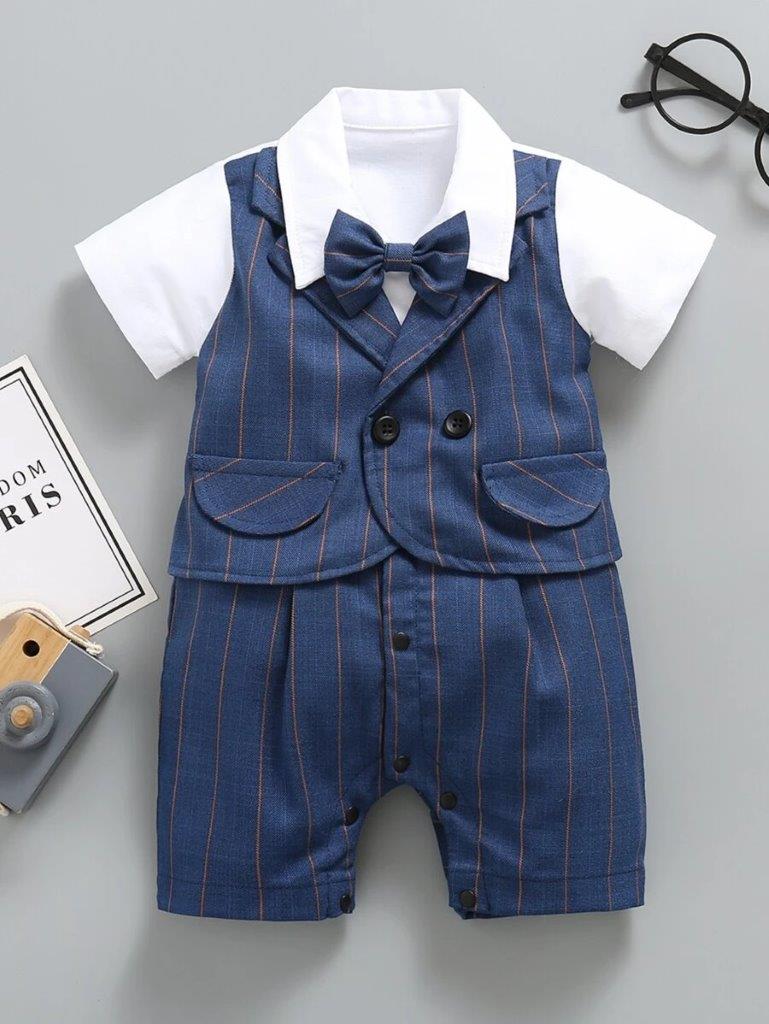 Baby Formal Gentleman Bow Tie Stripe Romper