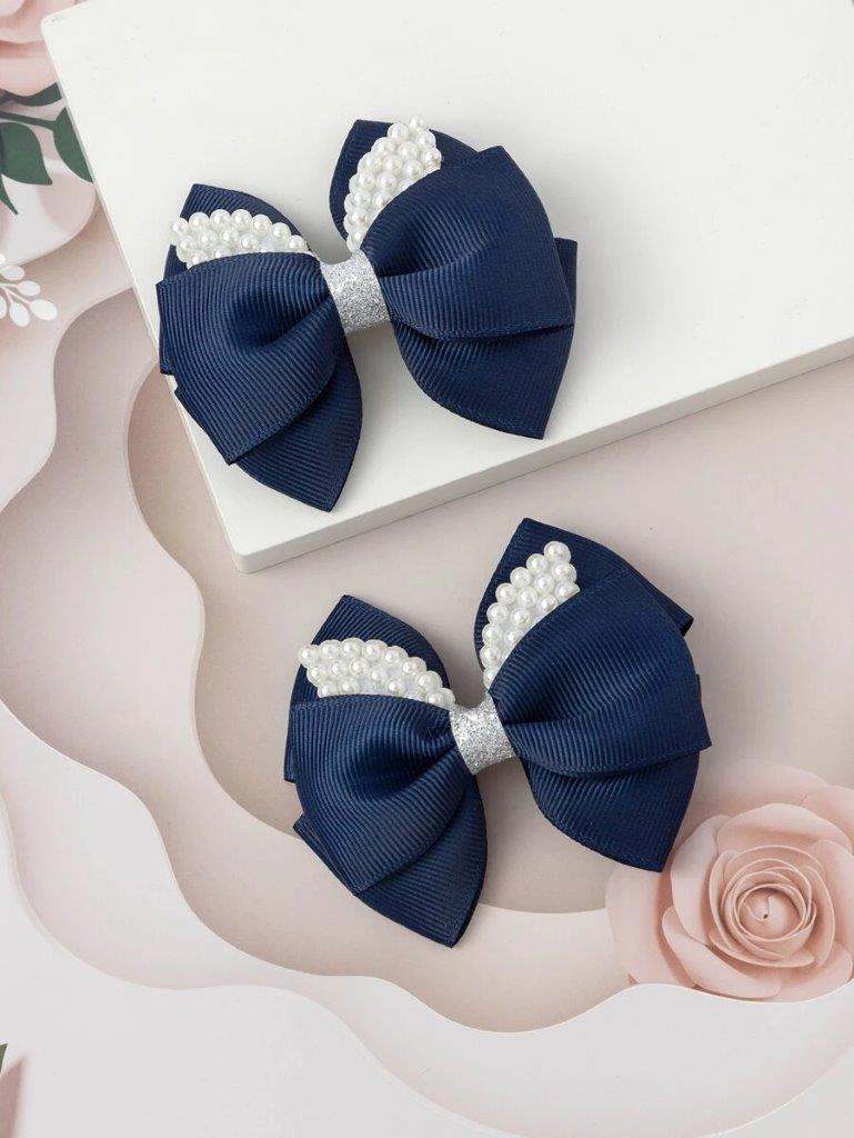 2 Piece Faux Pearl Hair Clips Set Navy Blue