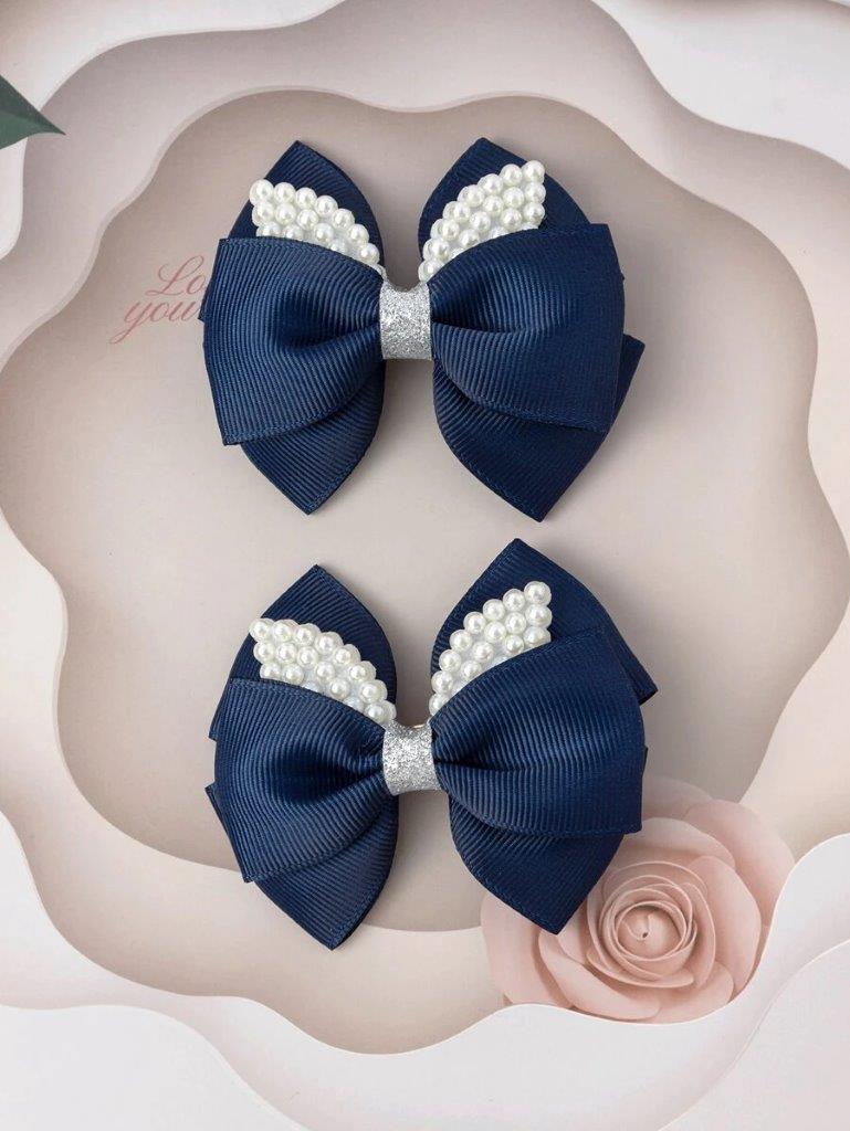 2 Piece Faux Pearl Hair Clips Set Navy Blue
