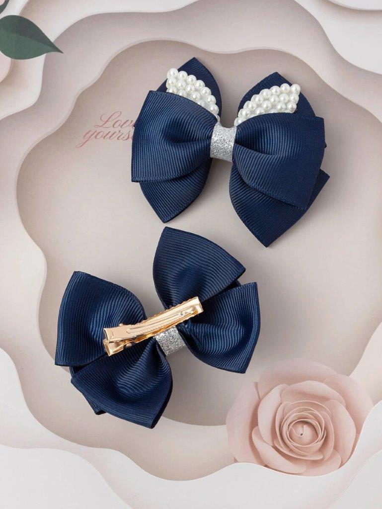 2 Piece Faux Pearl Hair Clips Set Navy Blue