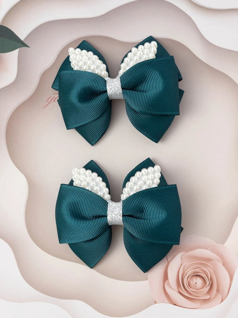 2 Piece Faux Pearl Green Hair Clips Set