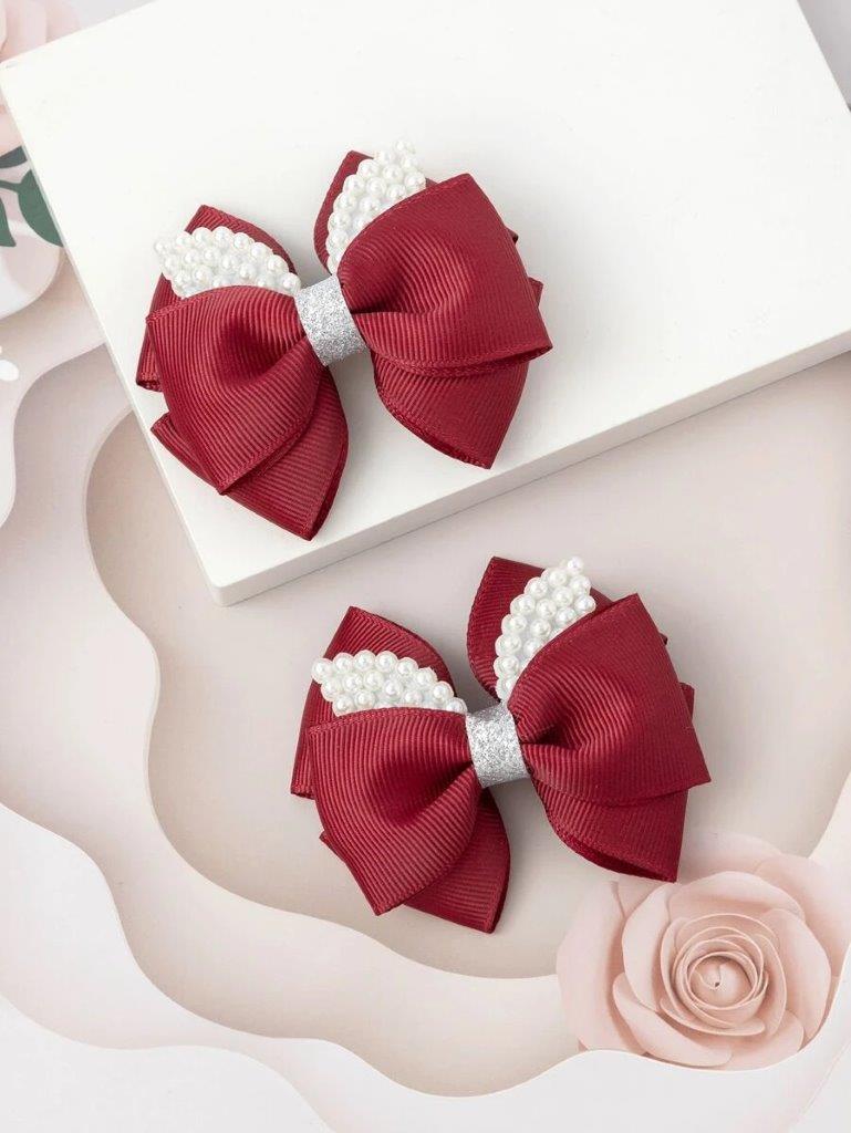 2 Piece Faux Pearl Burgundy Hair Clips Set
