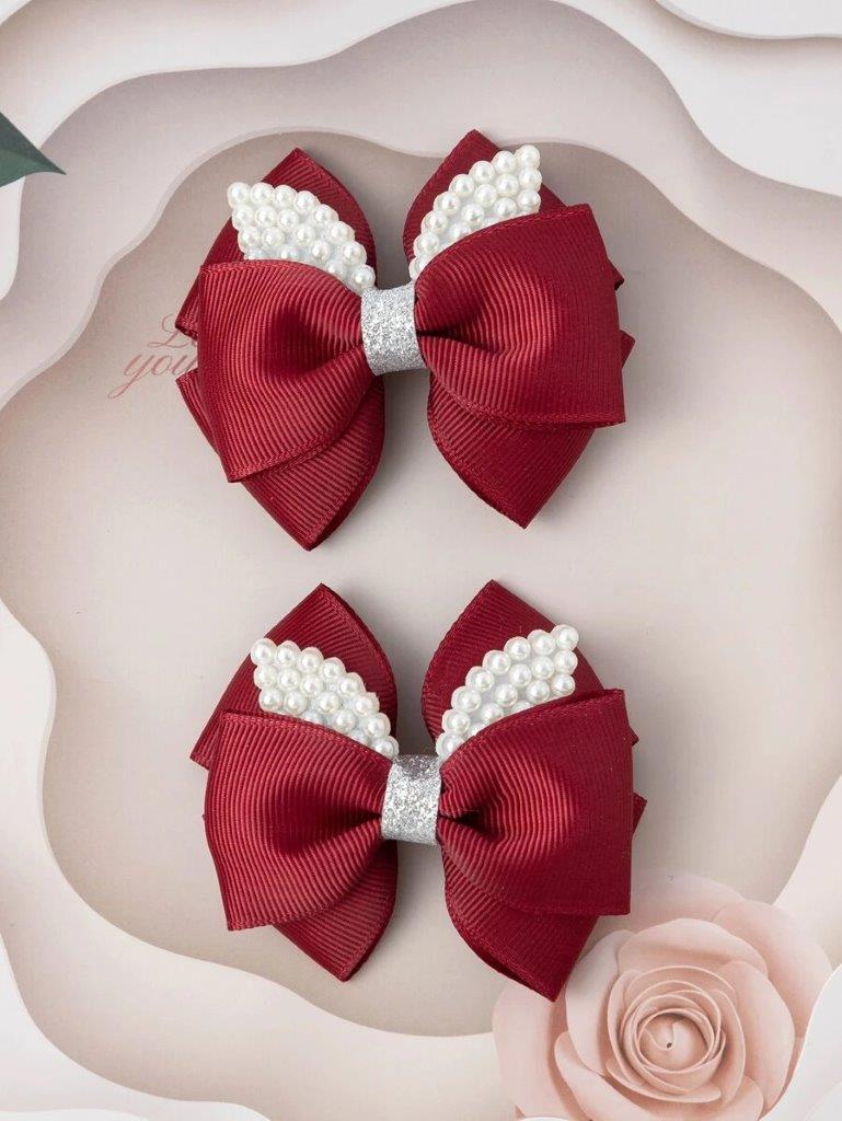 2 Piece Faux Pearl Burgundy Hair Clips Set