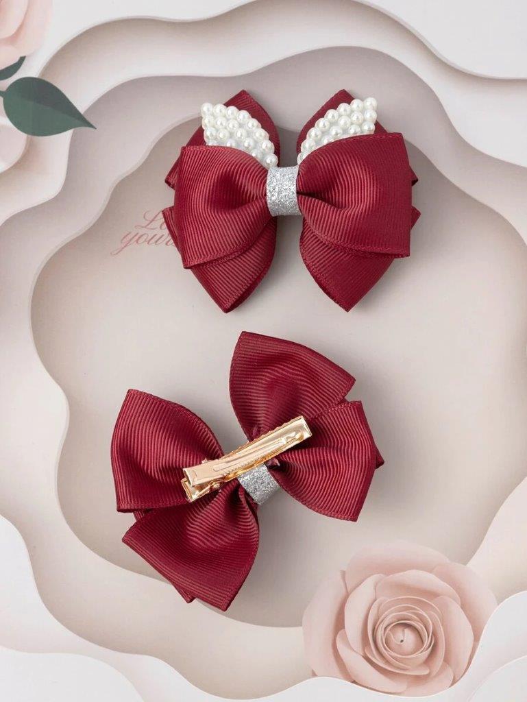 2 Piece Faux Pearl Burgundy Hair Clips Set