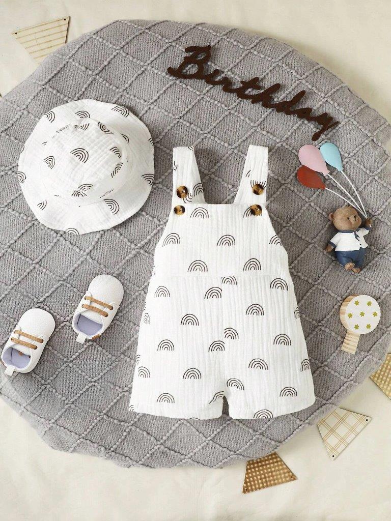 Baby Patterned Overall Romper With Hat