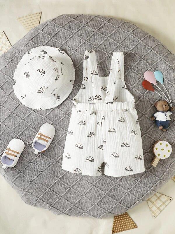 Baby Patterned Overall Romper With Hat