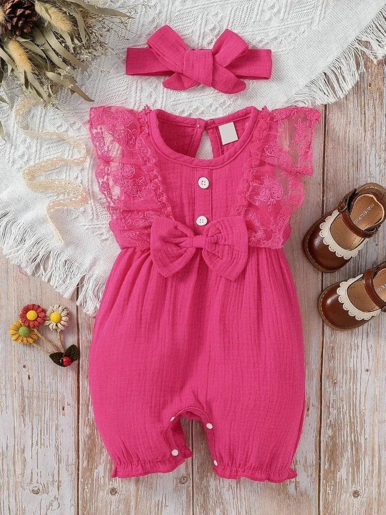 Lace Ruffle Trim Romper Pink