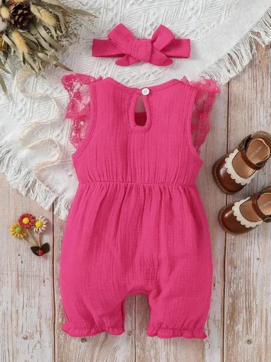 Lace Ruffle Trim Romper Pink