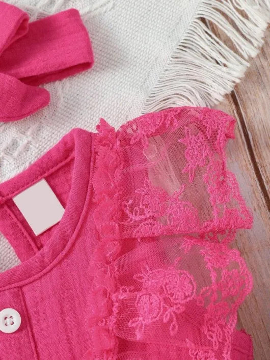 Lace Ruffle Trim Romper Pink