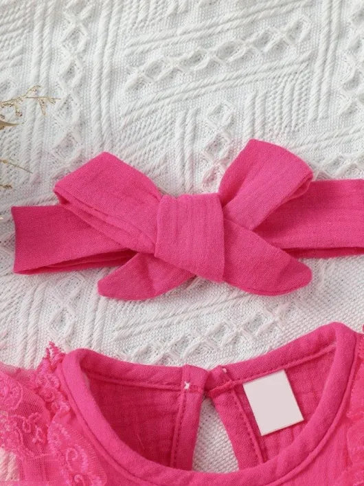 Lace Ruffle Trim Romper Pink