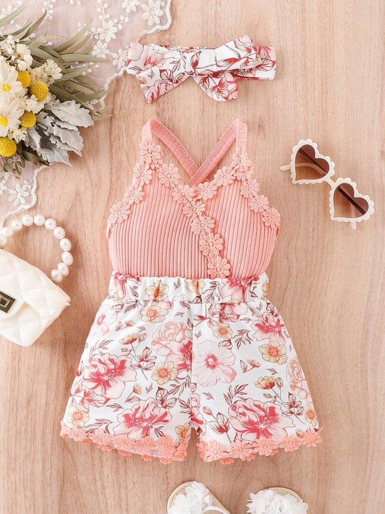Baby Floral Print Cami Romper Set Pink