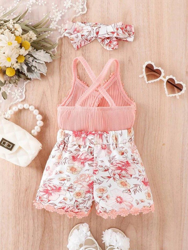 Baby Floral Print Cami Romper Set Pink