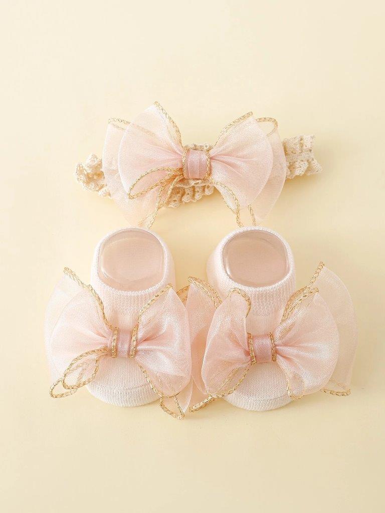 Baby Bow Decor Socks With Headband 0-6 mnths