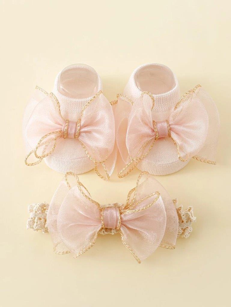 Baby Bow Decor Socks With Headband 0-6 mnths