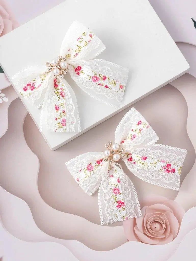 2 Piece Pink Floral Diamante Pearl Bow Hair Clips Set