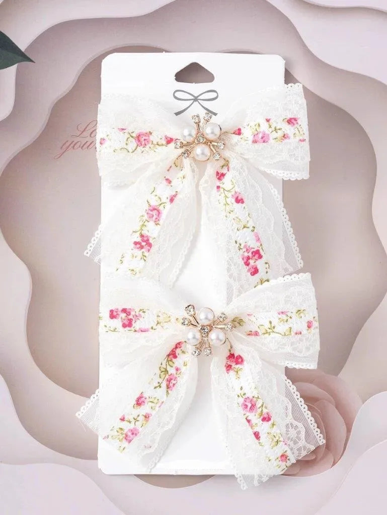 2 Piece Pink Floral Diamante Pearl Bow Hair Clips Set