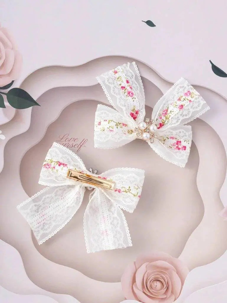 2 Piece Pink Floral Diamante Pearl Bow Hair Clips Set
