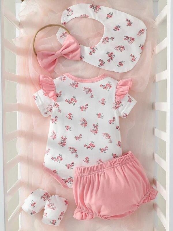 Baby 5 Piece Floral Bodysuit And Shorts Set